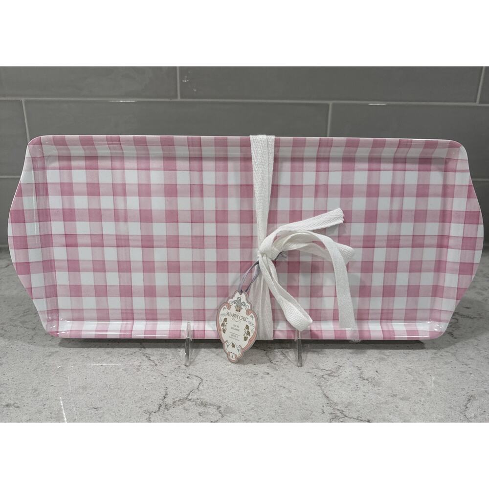 Set 2 Checkered 15” PINK WHITE Melamine Serving Trays Shiny Finish Platter Tray